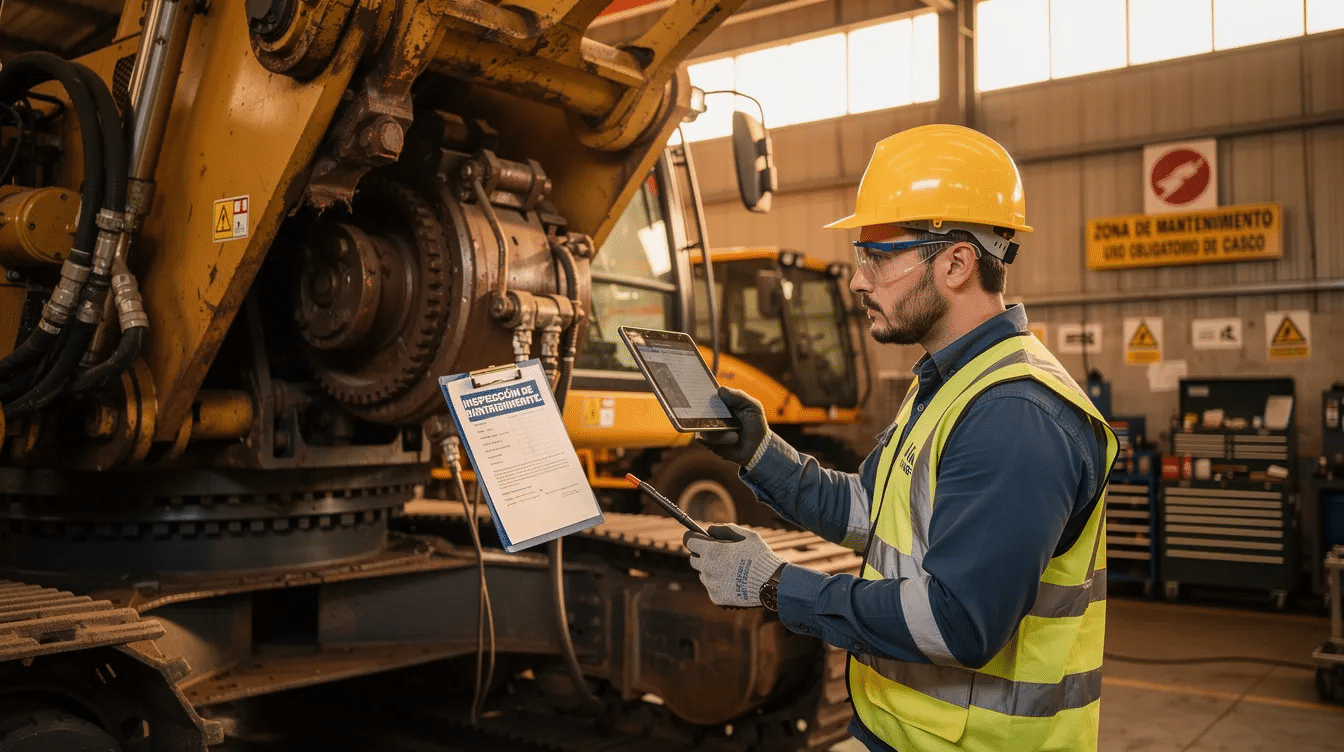Un técnico está realizando una inspección de mantenimiento en una retroexcavadora Caterpillar, asegurándose de que todos los componentes, como el motor y la cuchara, estén en óptimas condiciones para garantizar su rendimiento y seguridad en la excavación de terrenos.