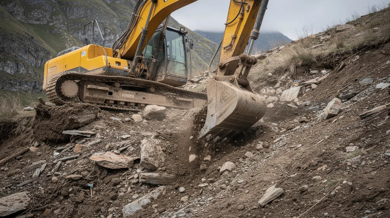 Una retroexcavadora sobre orugas, modelo Caterpillar, está operando en un terreno difícil con pendiente, excavando zanjas con su cuchara. La máquina demuestra su capacidad y rendimiento en condiciones desafiantes, destacando su uso en proyectos de construcción.