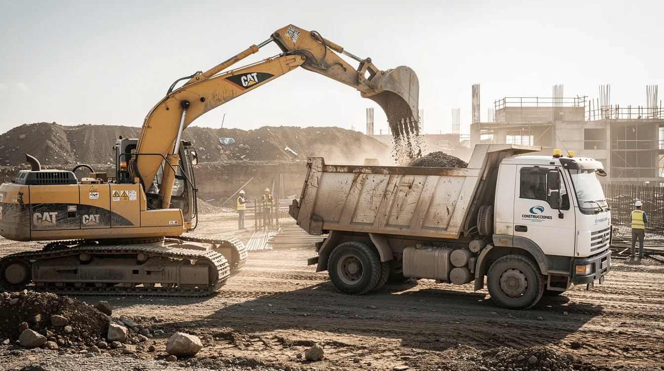 Una retroexcavadora modelo Caterpillar está cargando material en un camión en una obra de construcción, mostrando su capacidad y rendimiento en la excavación de terrenos. La máquina, equipada con una cuchara, trabaja de manera eficiente para facilitar el transporte de productos.