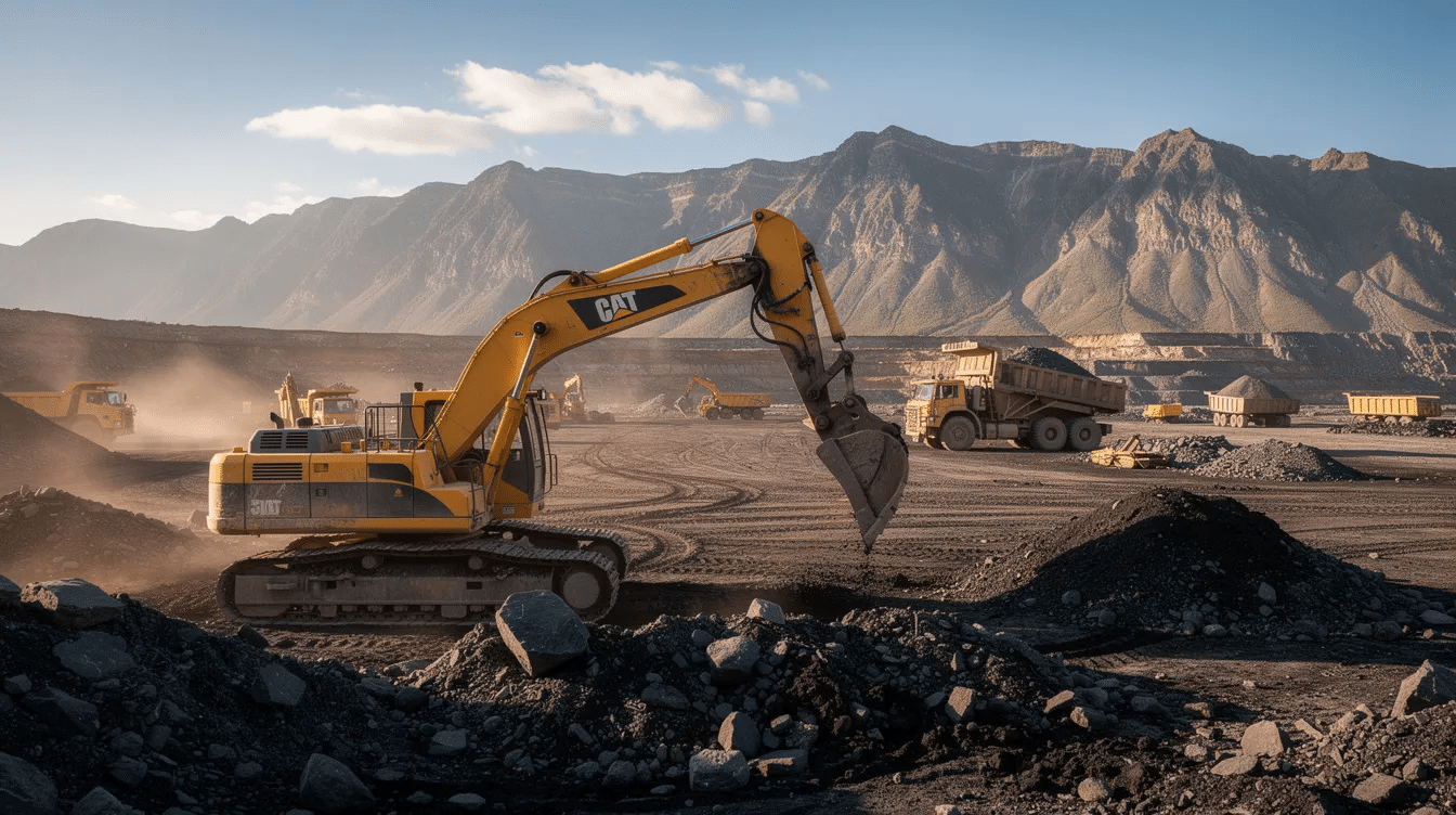 Una retroexcavadora de la marca Caterpillar trabaja en una faena minera, con montañas imponentes al fondo. La máquina está equipada con una cuchara que excava profundamente en el terreno, mostrando su capacidad y rendimiento en la tarea de excavación.