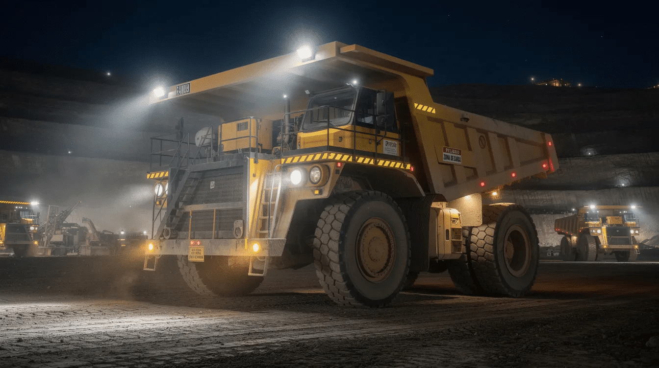 Un camión tolva iluminado opera en una faena minera durante la noche, transportando materiales en condiciones de seguridad. El vehículo es parte del equipo esencial para las labores mineras en la región de Antofagasta, donde los trabajadores realizan sus funciones con compromiso y profesionalismo.