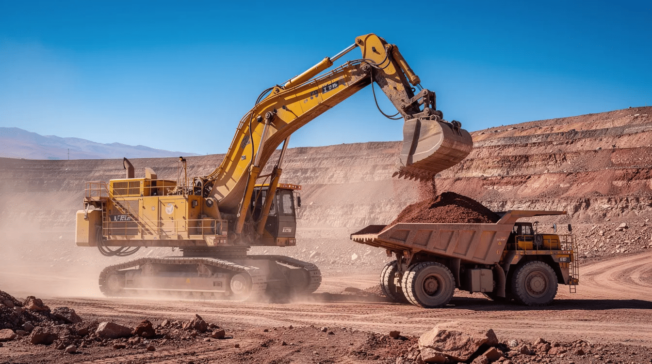 Una excavadora de gran tamaño opera en un terreno minero del norte de Chile, específicamente en la región de Antofagasta, durante el día. La maquinaria, utilizada en las labores de faena minera, está controlada por un conductor que realiza funciones esenciales para la extracción de recursos.