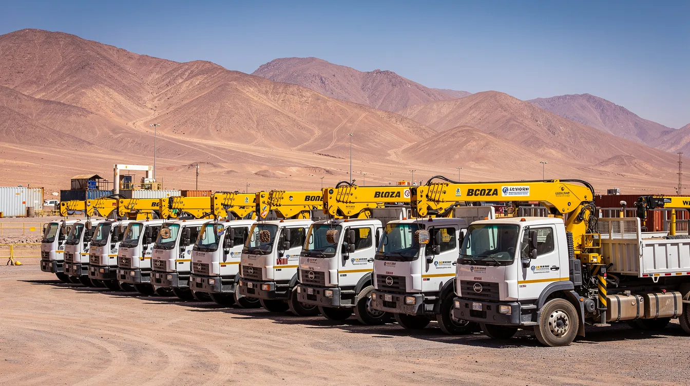 Una flota de camiones pluma está estacionada en un patio de operaciones, con montañas desérticas y un cielo despejado al fondo, representando la industria de la construcción y la minería en el norte de Chile, específicamente en Antofagasta. Estos camiones son esenciales para maniobras de carga y descarga en proyectos de gran envergadura.