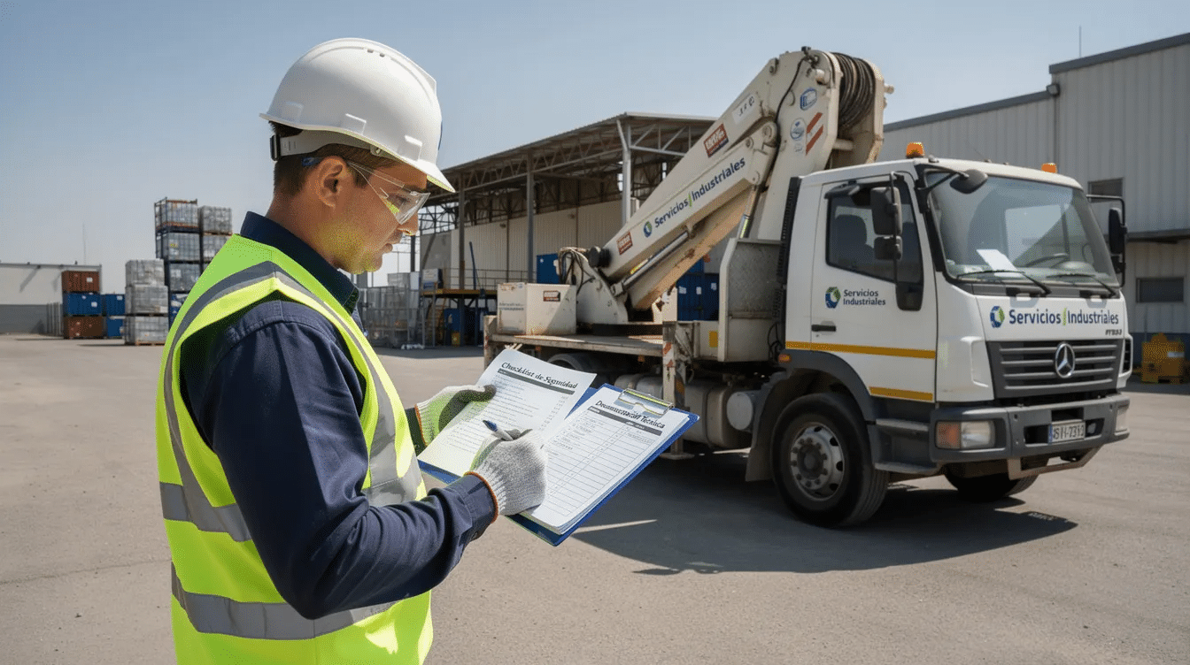 Un técnico con casco y chaleco de seguridad está revisando documentación y un checklist junto a un camión pluma estacionado en una zona industrial. La imagen refleja un ambiente de trabajo en la industria de la construcción, donde se prioriza la seguridad y la correcta operación de equipos como el camión pluma.