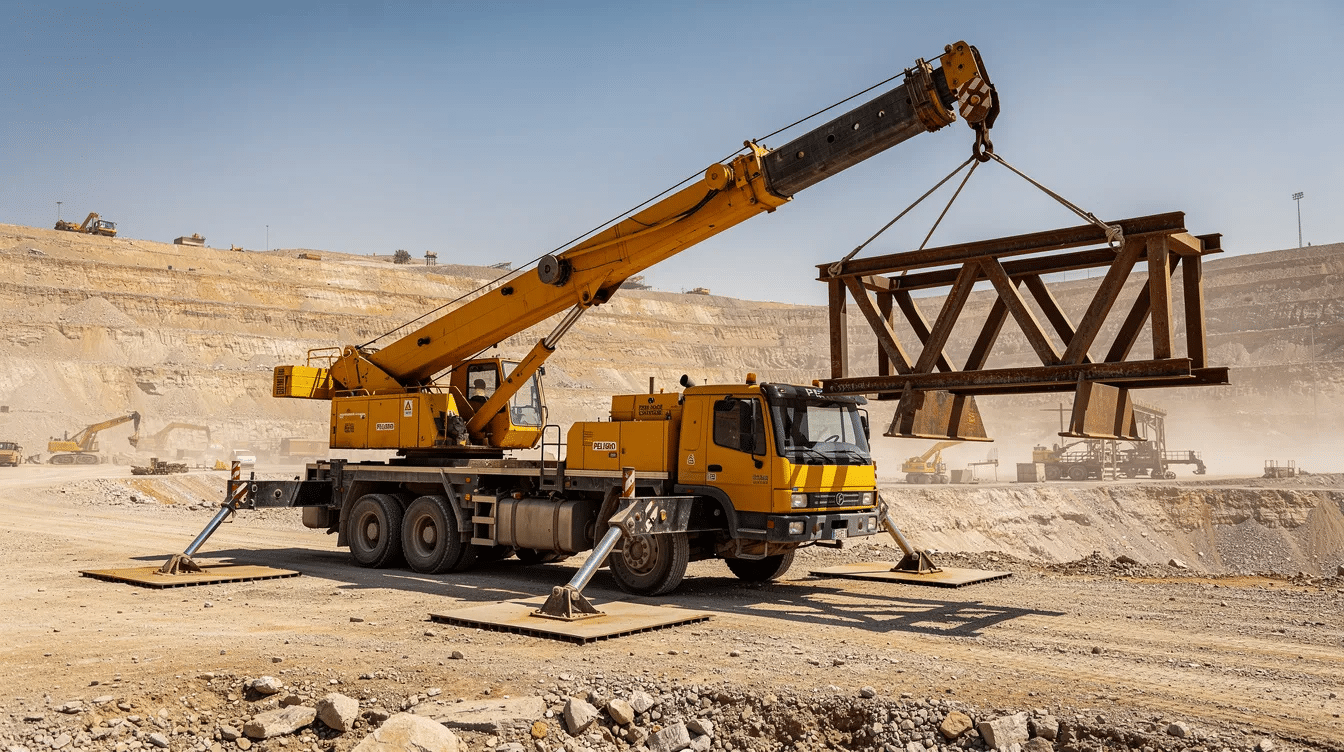 Un camión pluma de gran tonelaje, con estabilizadores desplegados, está levantando una pesada estructura metálica en un terreno minero árido, típico de la industria de la minería en Antofagasta. El operador maniobra con precisión para asegurar el montaje de la carga en esta faena.