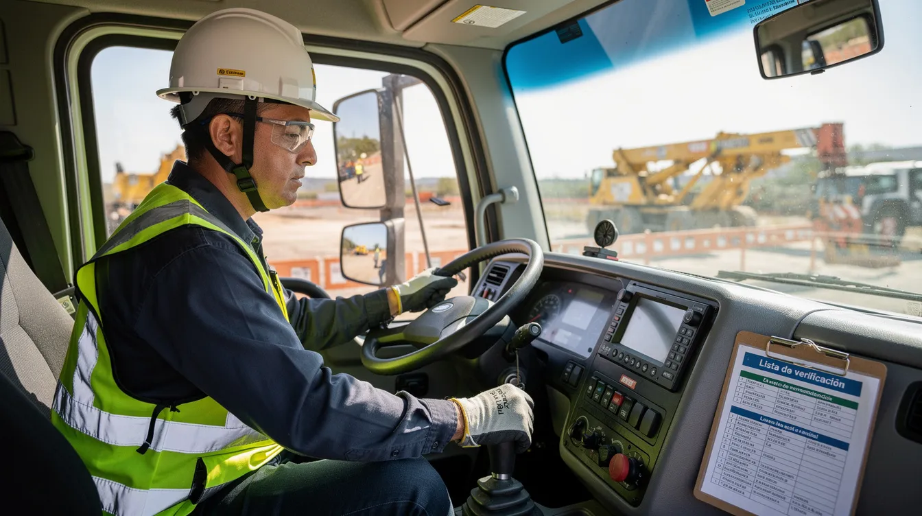 Un operador con equipo de protección personal se encuentra sentado en la cabina de un camión pluma, realizando controles previos a la operación. El entorno refleja un ambiente de trabajo en la industria de la construcción, específicamente en la región de Antofagasta.